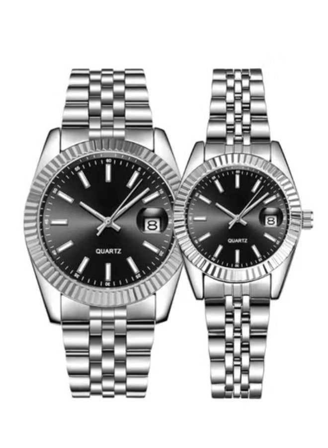 High-quality, waterproof Rolex-style men's watch set with a silver bracelet and black dial.